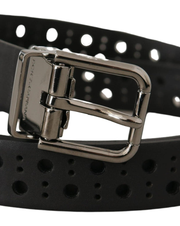 Black Calf Leather Perforated Metal Buckle Belt