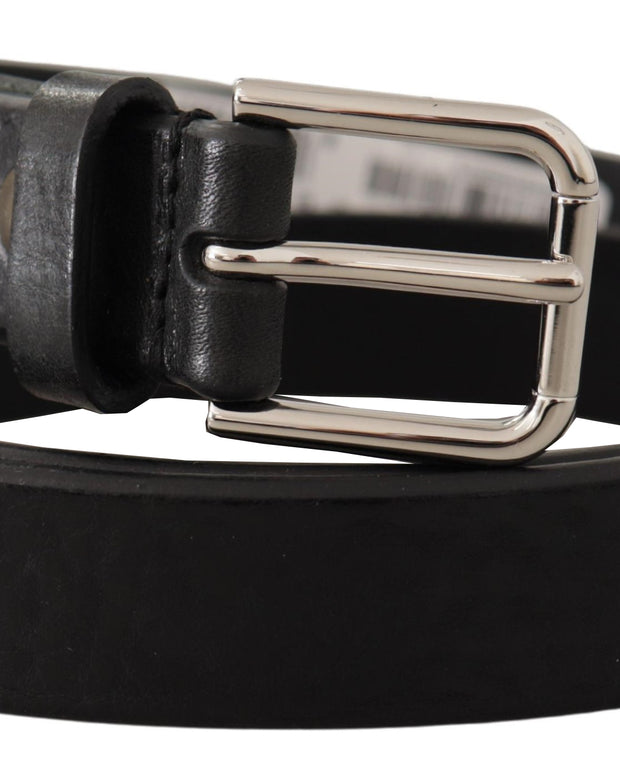 Black Calf Leather Silver Tone Logo Metal Buckle Belt