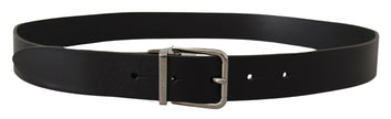 Black Casual Calf Leather Logo Metal Buckle Belt