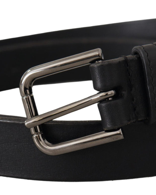 Black Calf Leather Logo Engraved Metal Buckle Belt
