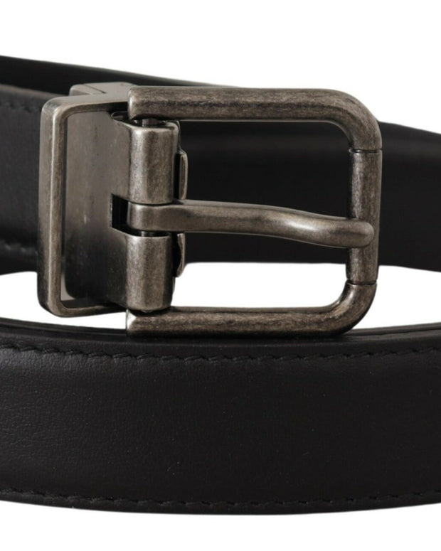 Black Plain Leather Vintage Logo Metal Buckle Belt