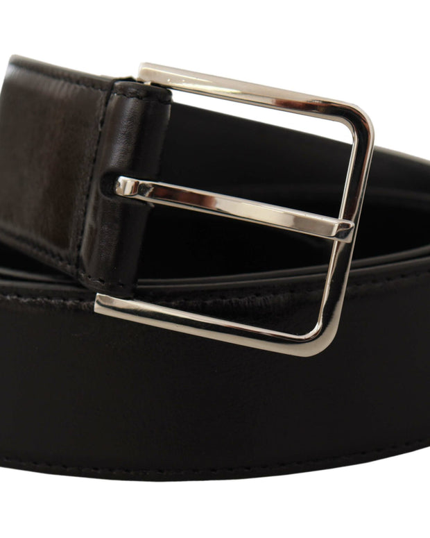 Black Calf Leather Logo Engraved Metal Buckle Belt