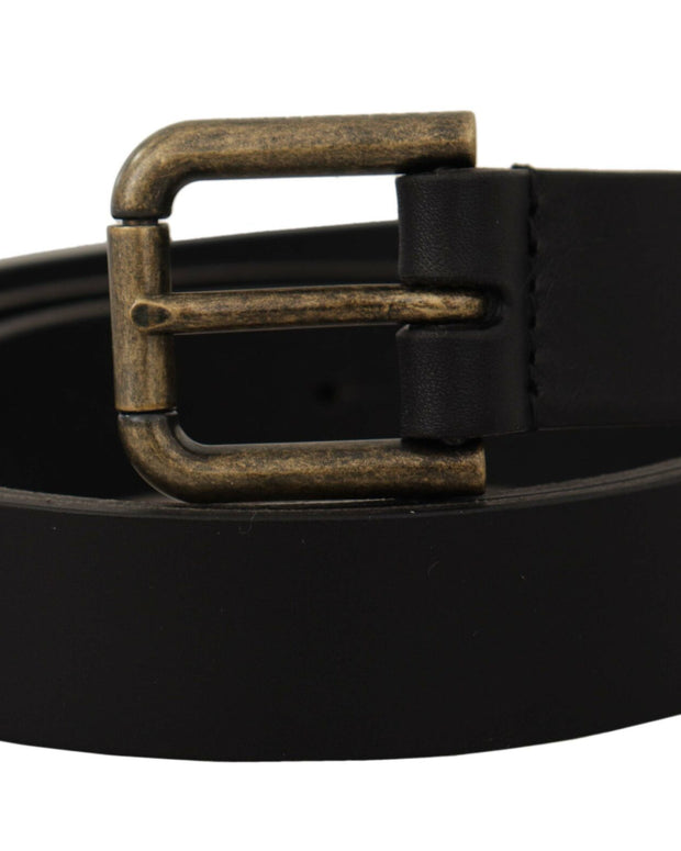 Black Calf Leather Logo Brass Metal Buckle Belt