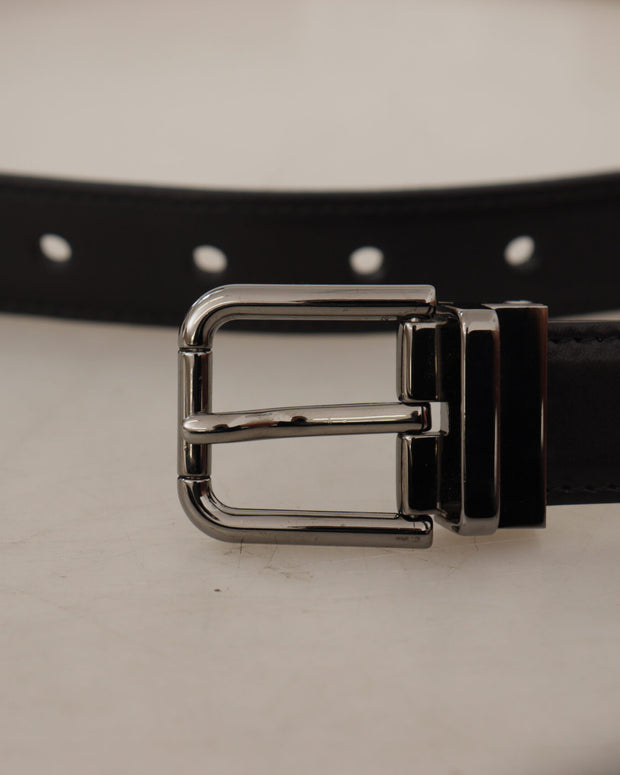 Black Calf Leather Logo Engraved Metal Buckle Belt