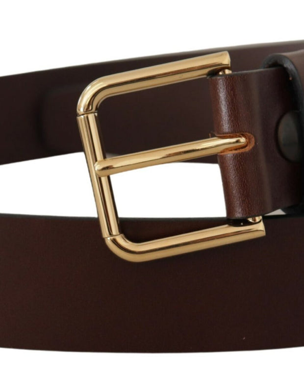 Brown Plain Calf Leather Gold Tone Buckle Belt