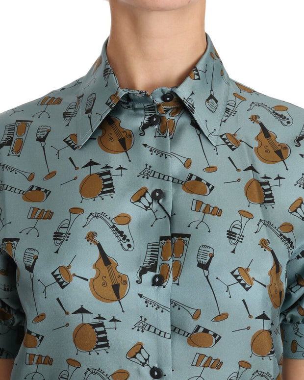 Multicolor Musical Instruments Silk Short sleeve Shirt