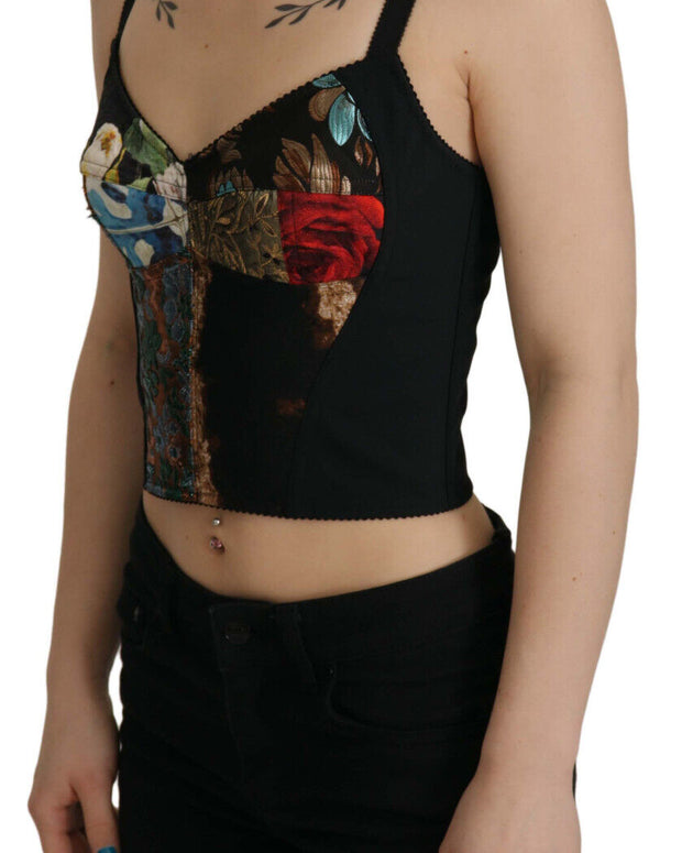 Black Patchwork Sicily Blouse Corset Cropped Top