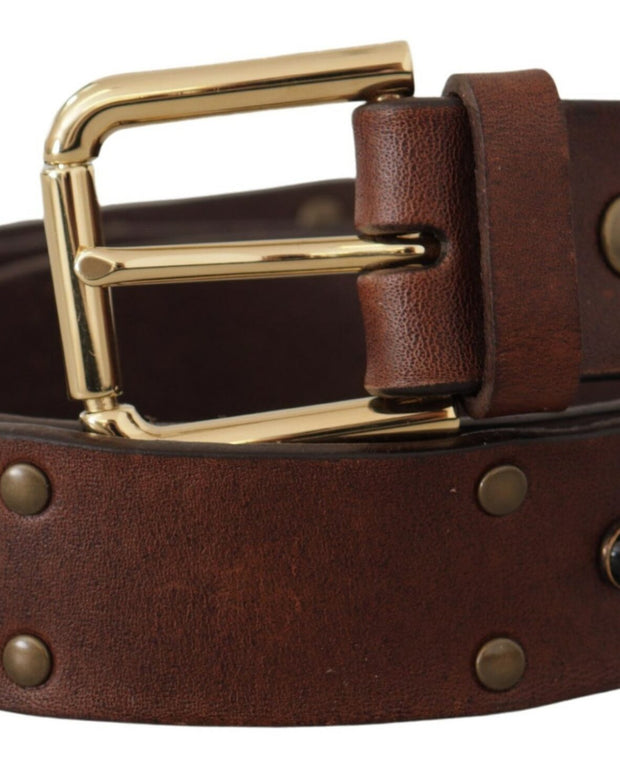 Brown Leather Studded Gold Tone Metal Buckle Belt