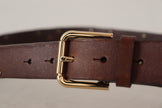 Brown Leather Studded Gold Tone Metal Buckle Belt