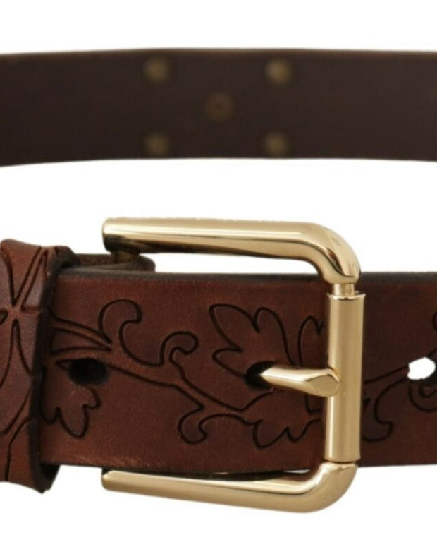 Brown Leather Floral Studded Metal Buckle Belt