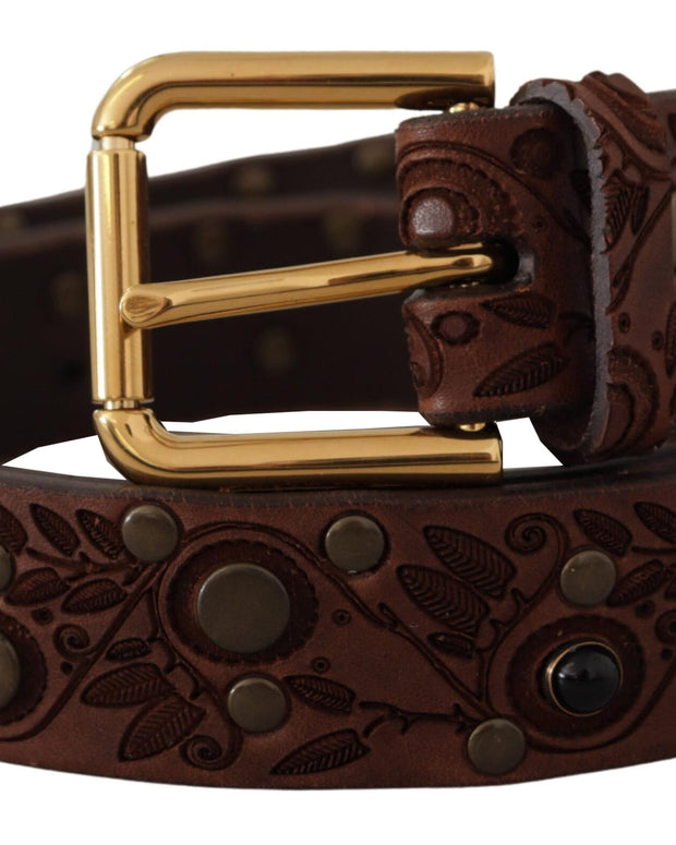 Brown Calf Leather Embossed Gold Metal Buckle