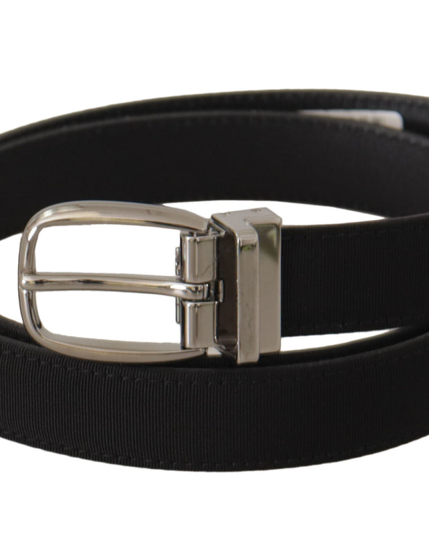 Black Calf Canvas Silver Tone Logo Metal Belt