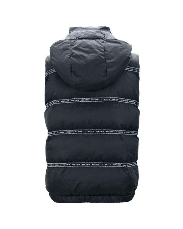 Elegant Black Logo Band Vest with Detachable Hood