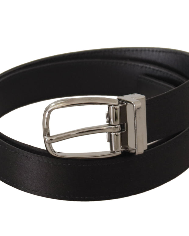 Black Calf Leather Silver Logo Metal Buckle Belt