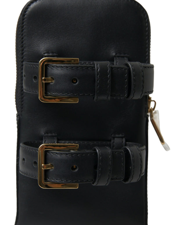 Black Leather Men Purse Double Belt Strap Bracelet Bag