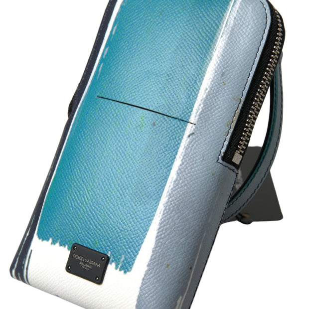 Elegant Leather Crossbody Phone Bag in Blue & White