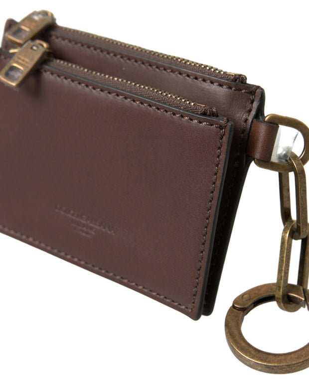 Brown Leather Zip Logo Keyring Coin Purse Wallet