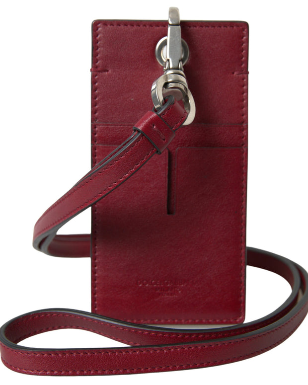 Red Leather Lanyard Logo Slim Card Holder Men Wallet