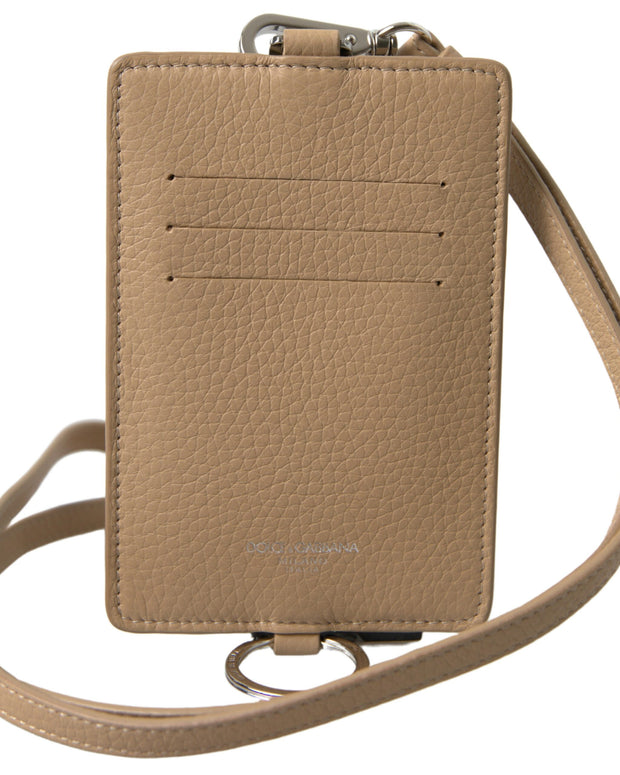 Beige Leather Lanyard Logo Card Holder Men Wallet