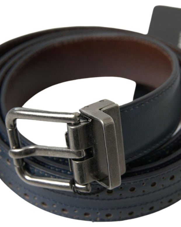 Blue Leather Perforated Metal Buckle Belt