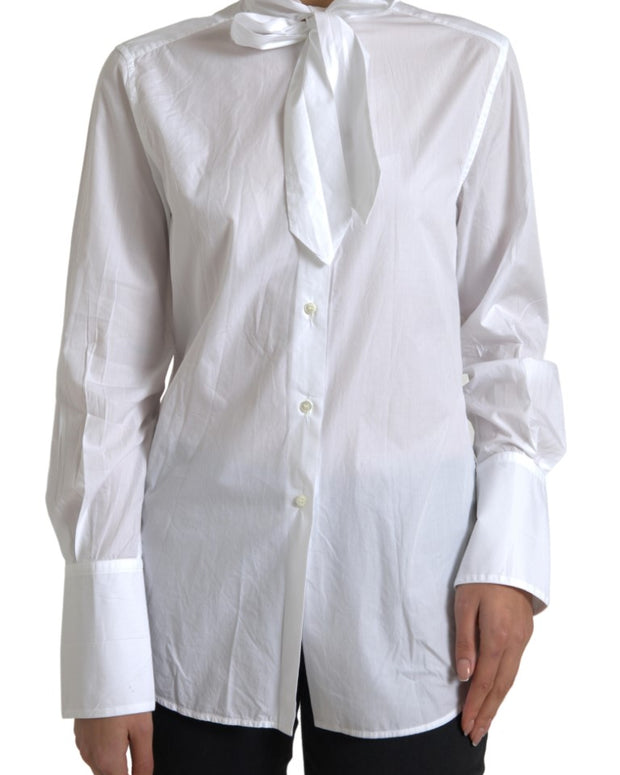 White Cotton Ascot Collar Long Sleeves Top