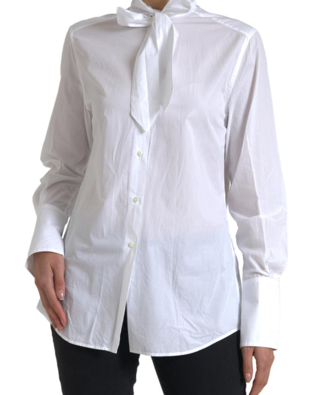 White Cotton Ascot Collar Long Sleeves Top