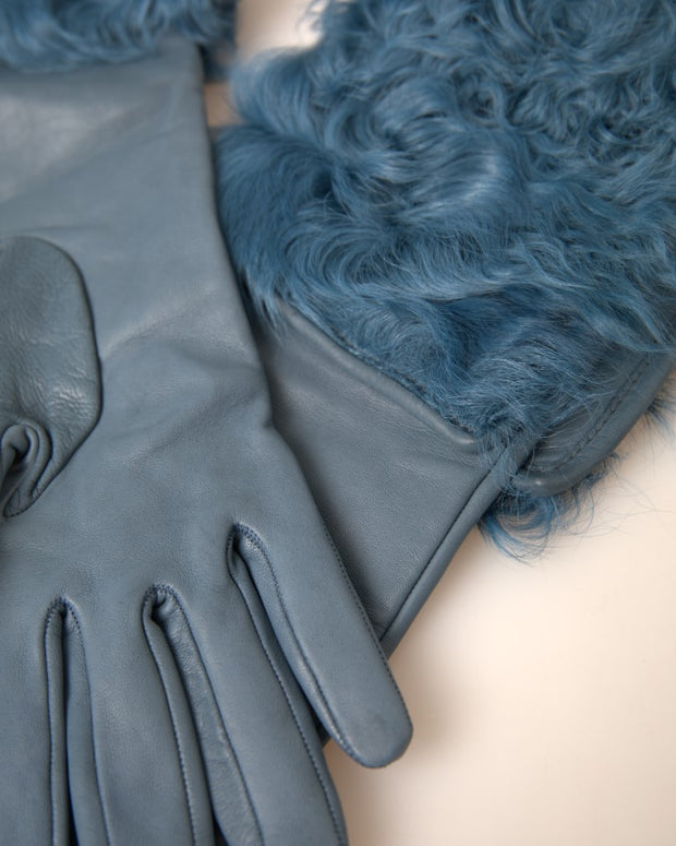 Blue Leather Fur Mid Arm Length Gloves