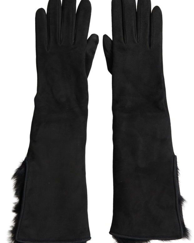 Black Leather Fur Elbow Length Gloves