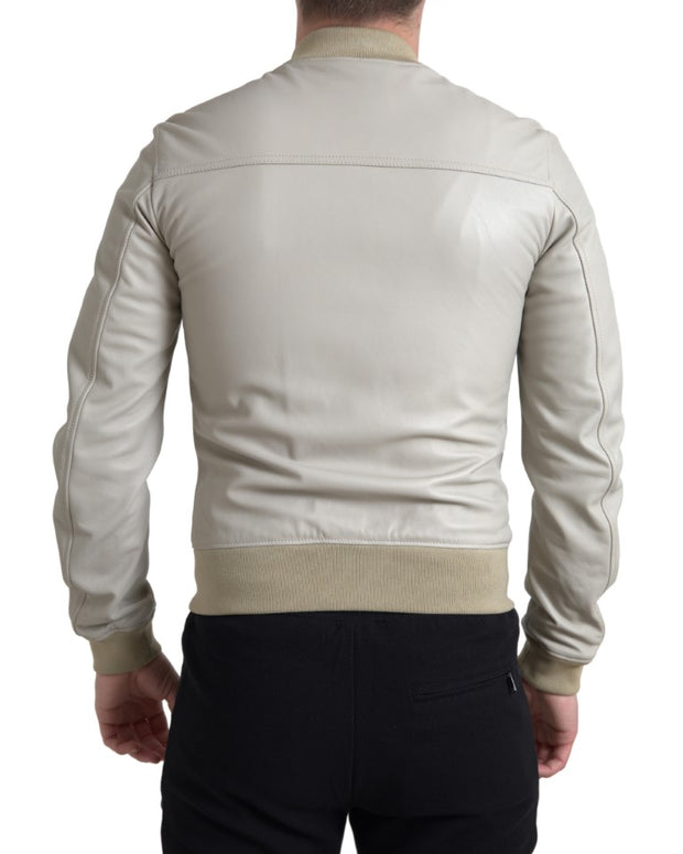 Cream Leather Bomber Blouson Full Zip Jacket