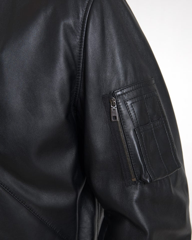 Black Leather Blouson Full Zip Bomber Jacket