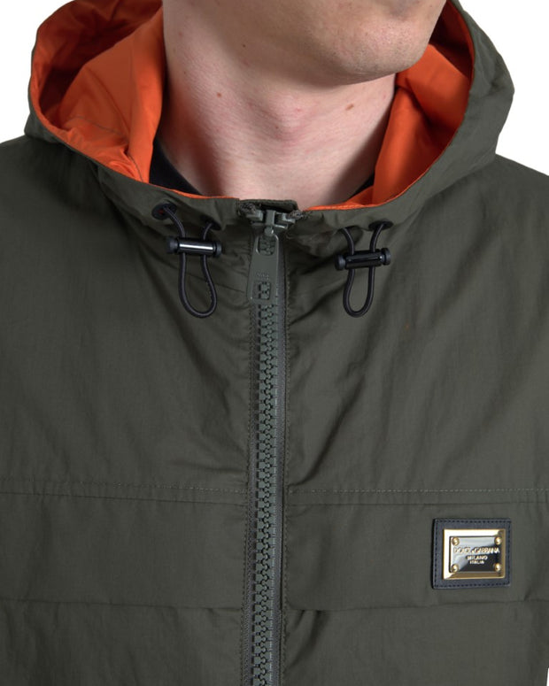 Green Orange Hooded Cotton Full Zip Jacket