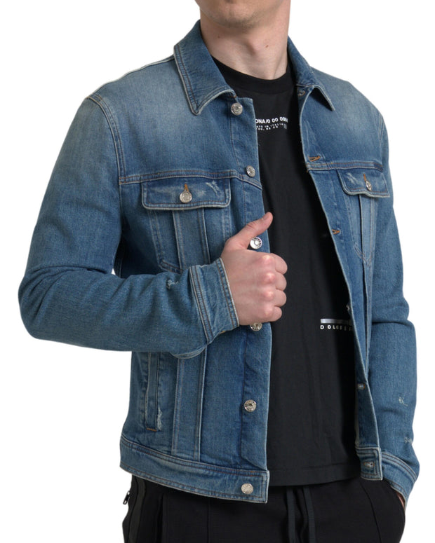 Blue Washed Cotton Stretch Denim Men Jacket