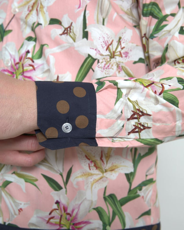 Cotton Polka Dot Lily Print Collared Shirt