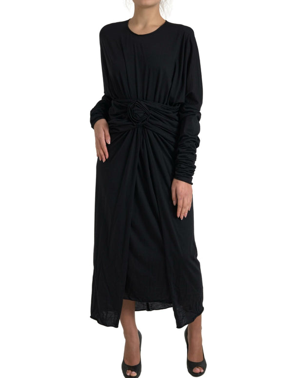 Black Wool Wrap Sheath Midi Gown Dress