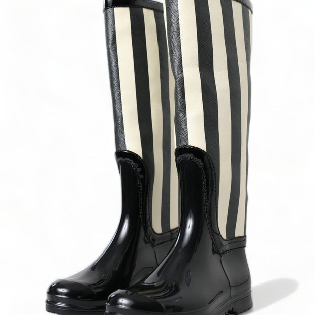 Black and White Striped Knee High Boots