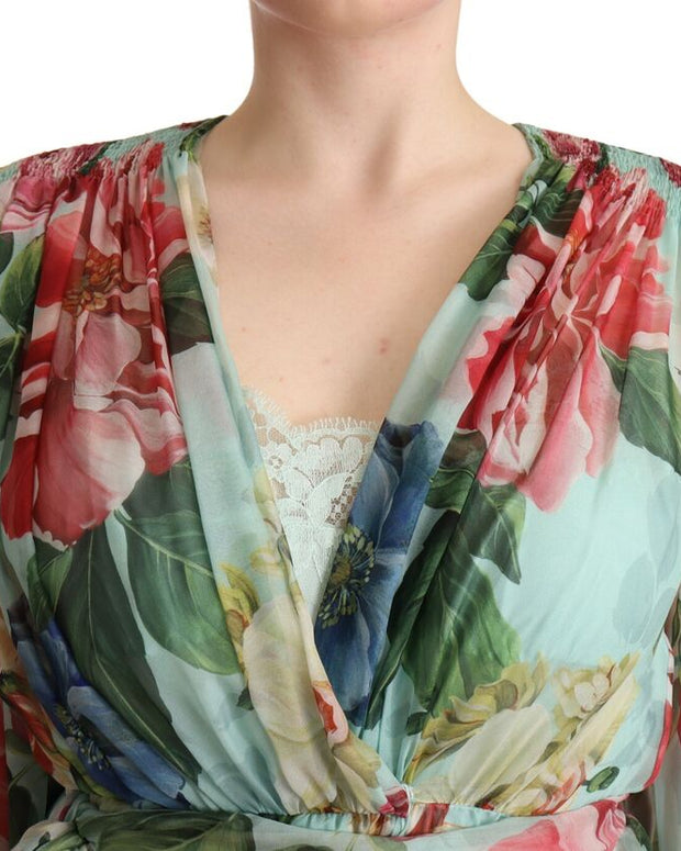 Multicolor Green Floral Silk Wrap Midi Dress