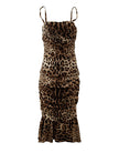 Brown Leopard Print Ruched Midi Dress