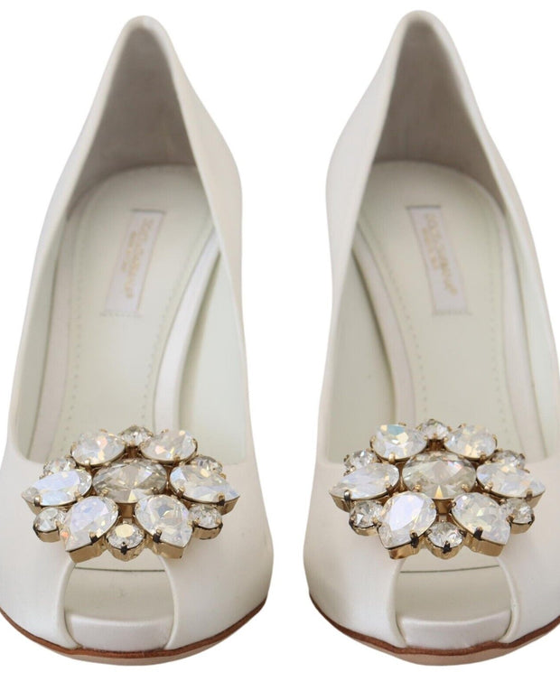 White Crystals Peep Toe Heel Satin Pumps