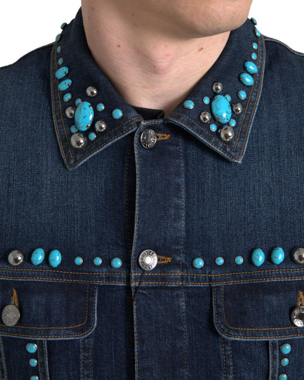 Blue Denim Turquoise Stones Studded Jacket
