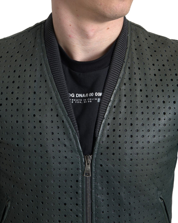 Green Perforated Leather Bomber Jacket