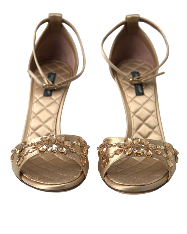 Gold Satin Ankle Strap Crystal Sandals Shoes