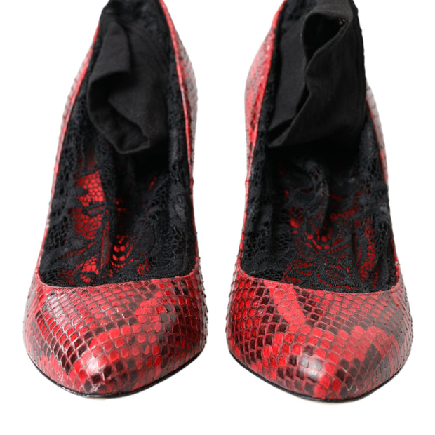 Red Almond Toe Snakeskin Pumps with Lace Socks