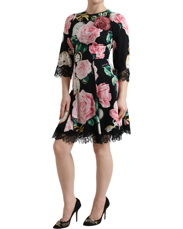 Black Floral Embellished Lace A-line Dress