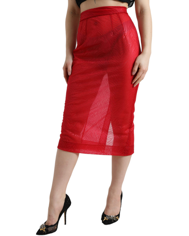 Red Sheer High Waist Pencil Cut Midi Skirt