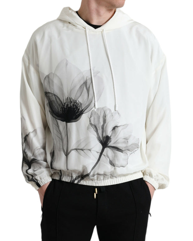 White Floral Print Hooded Pullover Sweater