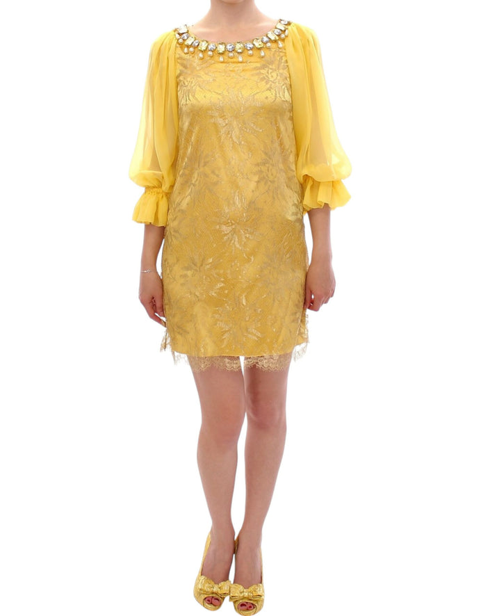 Yellow Lace Crystal Embellished Mini Dress