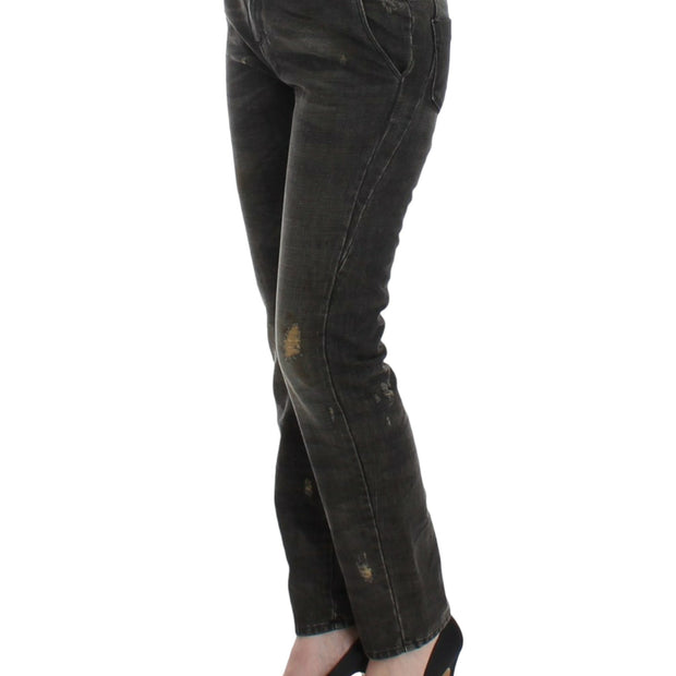 Sleek Gray Straight Leg Distressed Jeans