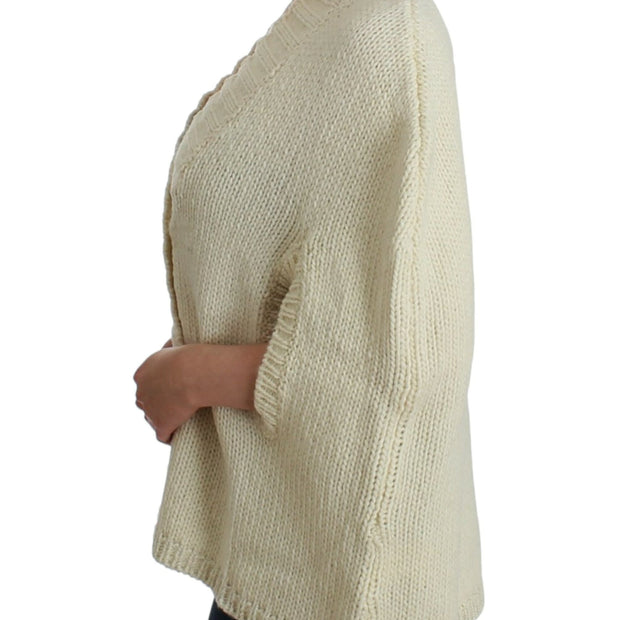 Elegant White Knitted Cape-Cardigan Hybrid