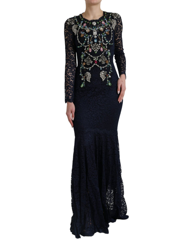 Blue Crystal Floral Lace Long Gown Dress