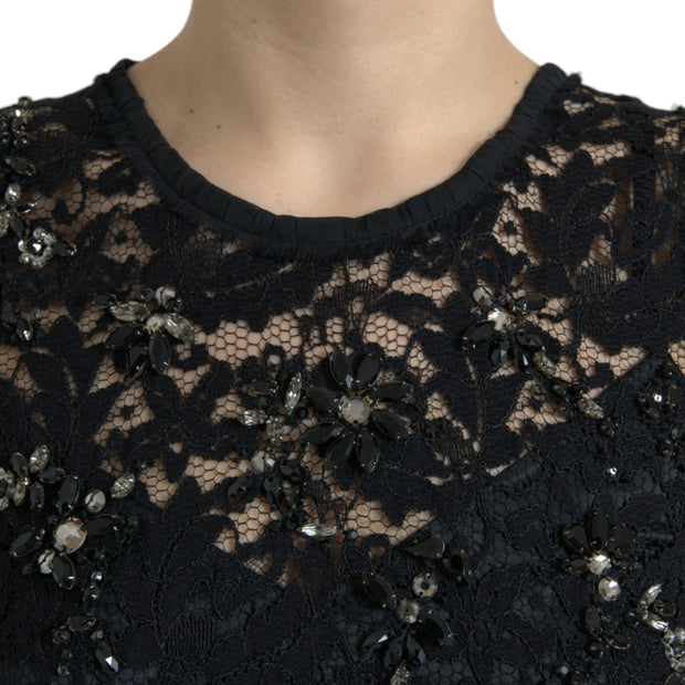 Exquisite Black Floral Lace Crystal Sheath Dress